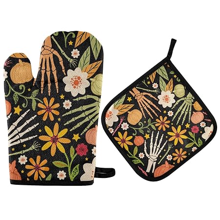 Exnundod Halloween Bones Floral Oven Mitts & Pot Holders 2pcs Kitchen Heat Resistant Non-Slip Potholders Set for Cooking Baking BBQ