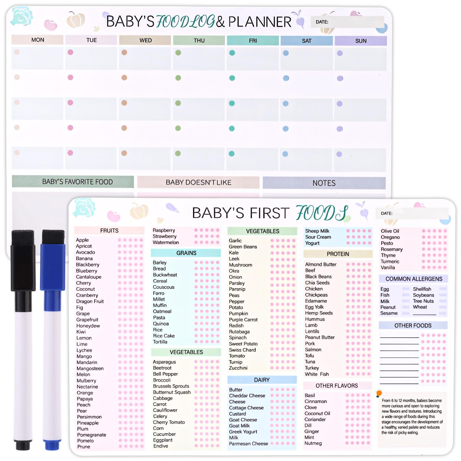 Gosknor Baby First Foods Tracker Fridge Magnet, 11.8x7.9in 2pcs Magnetic Baby Food Checklist & Daily Food Log Weaning Chart Meal Planner Dry Erase Babyโs Foods List Poster for New Parents Babysitter
