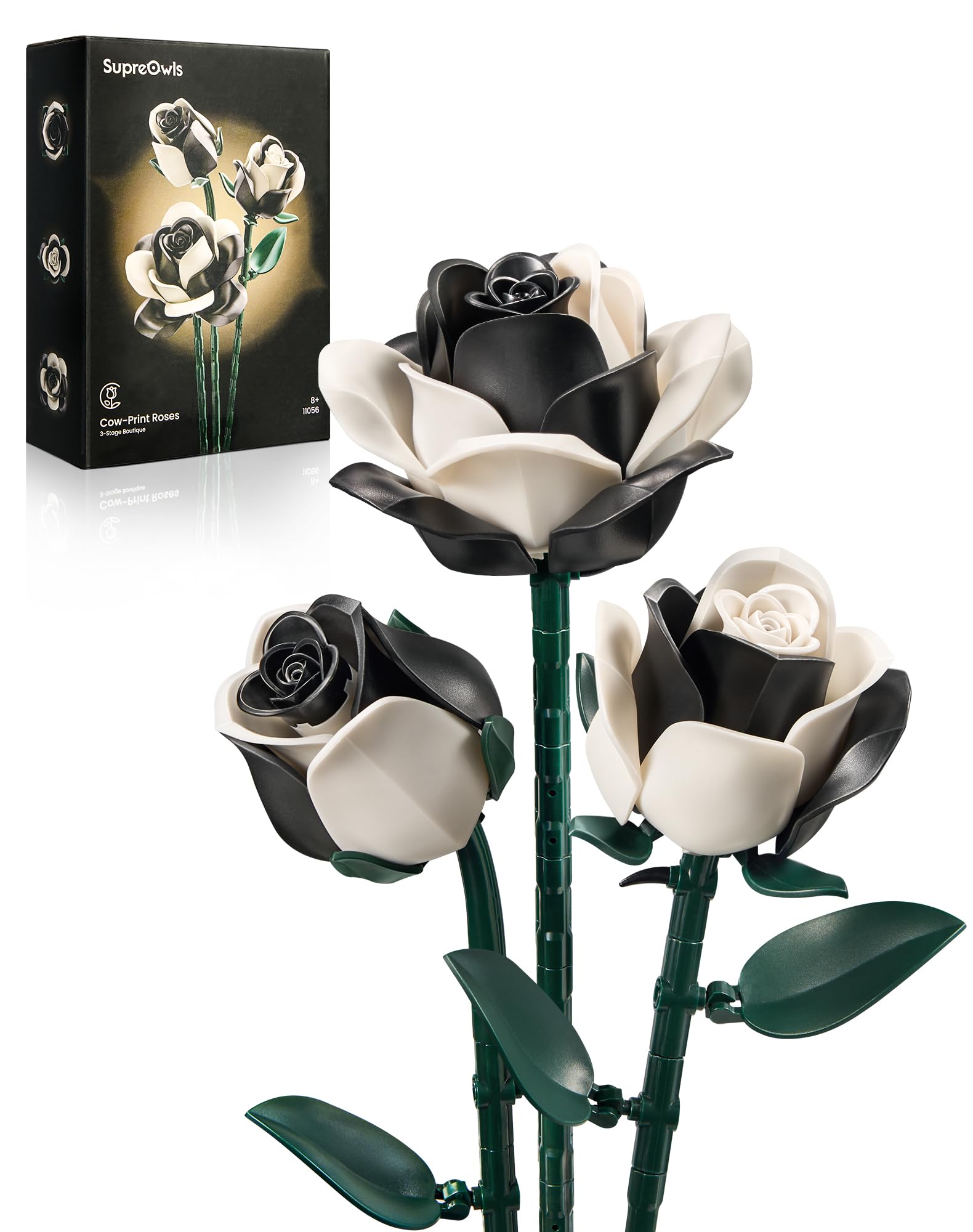 Edgebrix Black & White Rose Flowers Building Kit Cow-Print Roses Artificial Flower for Adults on Birthday,Christmas Valentine's Day Indoor Home Decoraiton