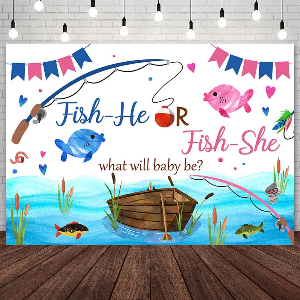 AIBIIN 7x5ft Fishing Gender Reveal Backdrop Fish He Or Fish She What Will Baby Be Photography Background Go Fishing Blue Pink Boy or Girl Gender