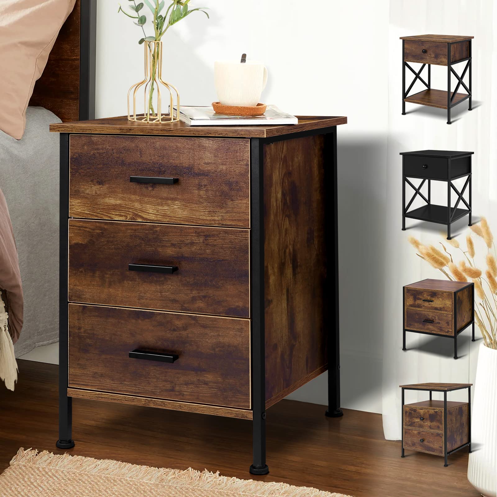 Buy ELFORDSON Rustic Brown Side Table with 3 Drawers, Metal Frame
