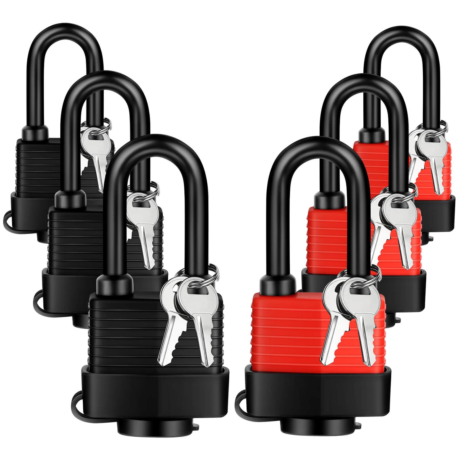 YIMSGO Weatherproof Outdoor Padlock Keyed Alike, Plastic Covered Heavy Duty Laminated Steel, Squire Yale Weather Waterproof Pad Lock with Same Key for Shed Warehouse Gate Locker Truck (3 Red/3 Black)