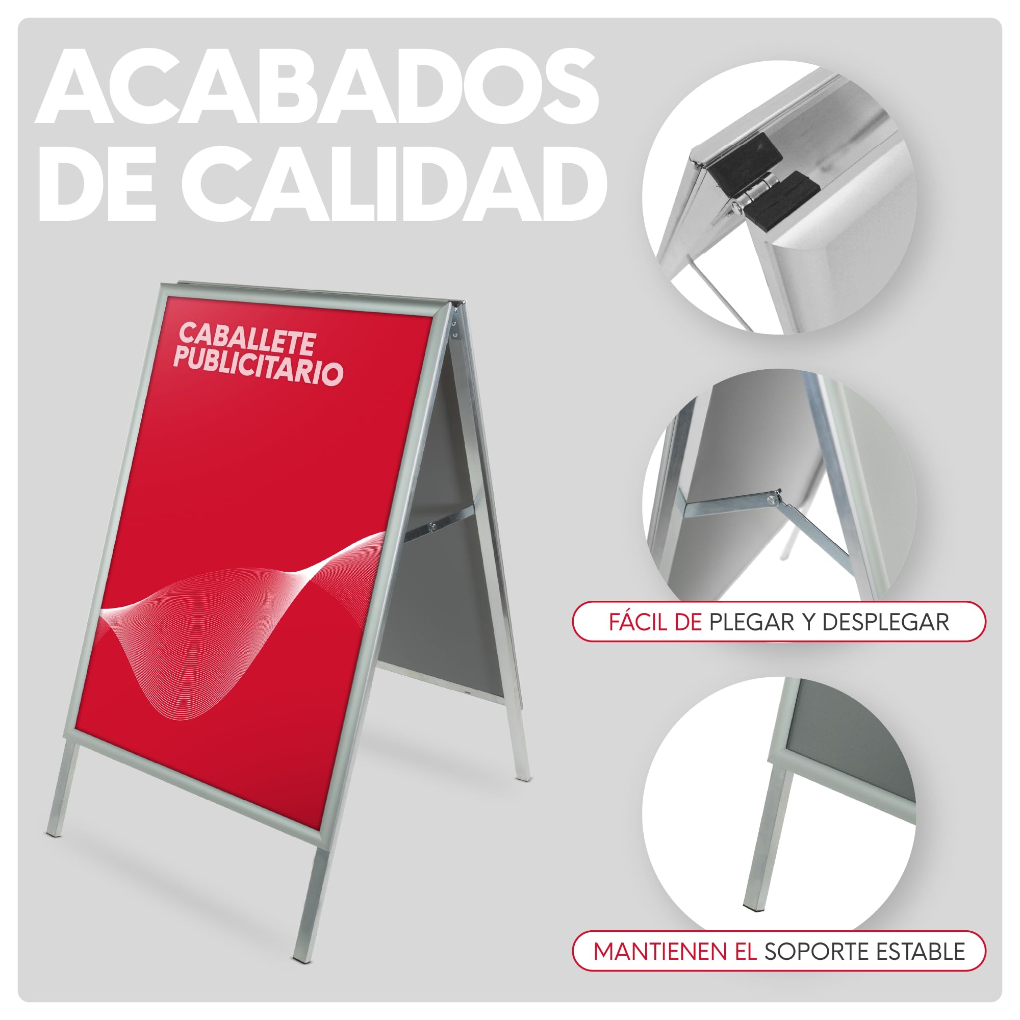 Caballete Publicitario de Aluminio Gris | Expositor Doble Cara con Sistema Click y Protector Antideslumbrante | Caballete para Carteles y Anuncios | Medidas 700x1000 mm