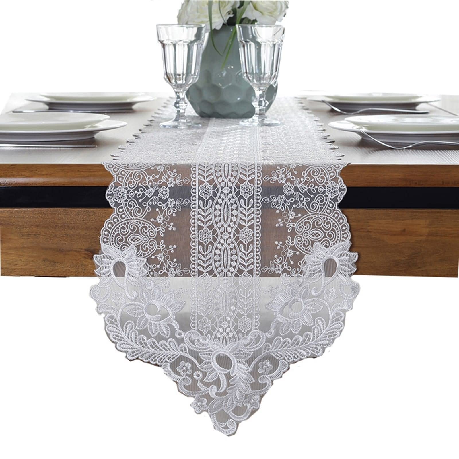 Tischläufer Herbst, Tischtuch Abwaschbar aus Polyester Dreieckige Spitzenblattblumenstickerei Weiß 30x280CM für Partys Abendessen
