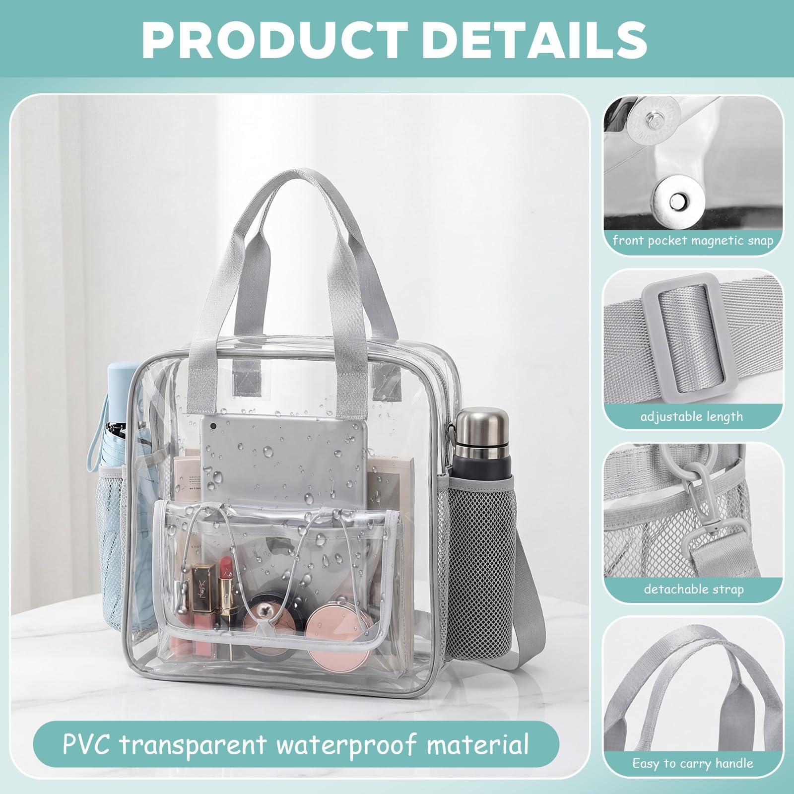 Eulihent Bolso Transparente Mujer Trabajo PVC Bolsa Transparente Bandolera Transparentes Impermeable Bolsa a Tracolla Transparent Bolso de Mano Transparent para Estadios (30x30x13cm) — view 3