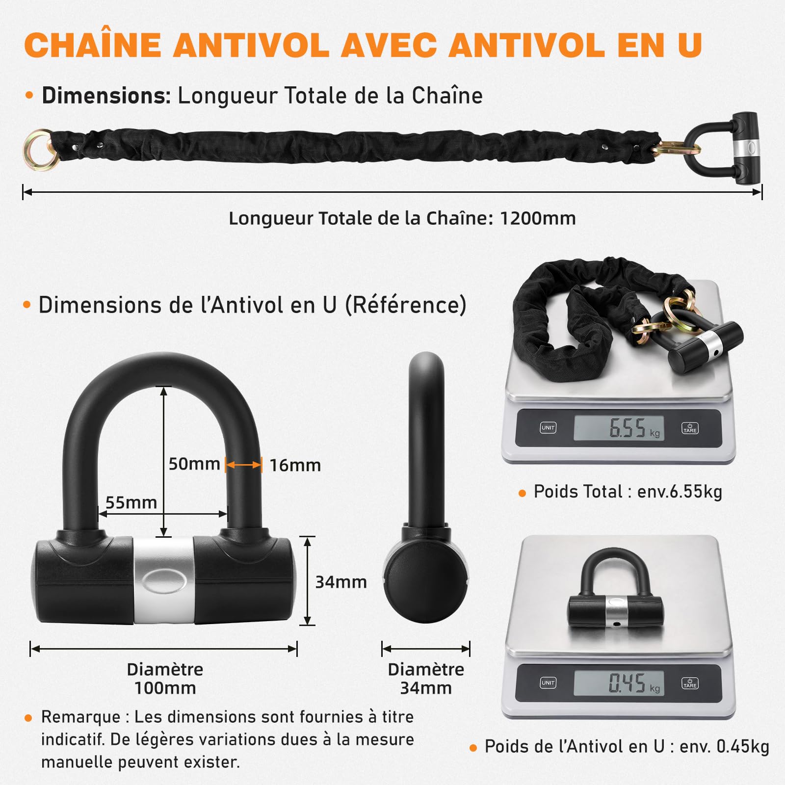 Antivol Moto Chaîne 10 mm en Acier Trempé avec Antivol U et 4 Clés, Chaîne Haute Sécurité pour Moto, Vélo Électrique, Scooter et Vélo, 120 cm – Or