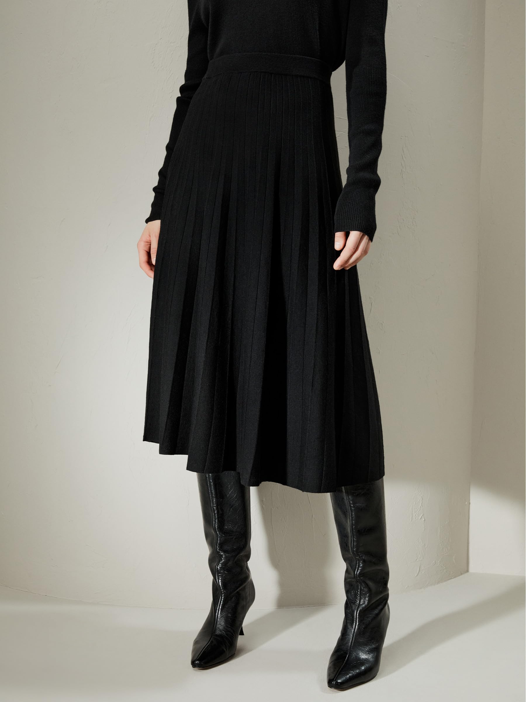 LilySilk 100% Merinowollrock Collegiate Ultrafein für Damen A-Linie Gestrickter Saum Winter Herbst Plissierter Rock Knielänge
