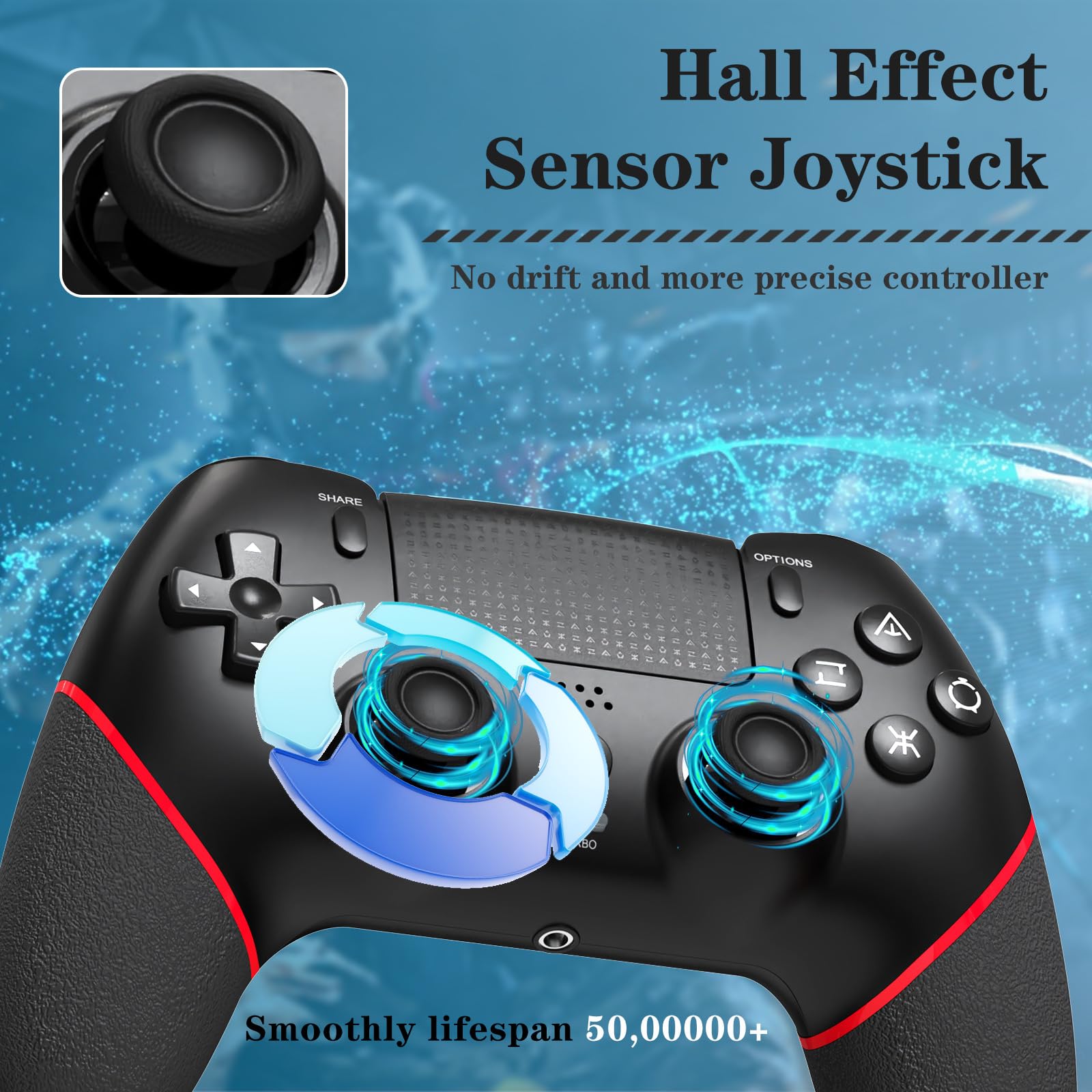 RCCBOOST Mando para PS4 con Programación TURBO MACRO, 2024 Nuevo Joystick Efecto HALL Sensible Sin Deriva, Batería 1000mAh Mando para PS4/ Pro/Slim con Altavoz Audio Jack(Rojo)