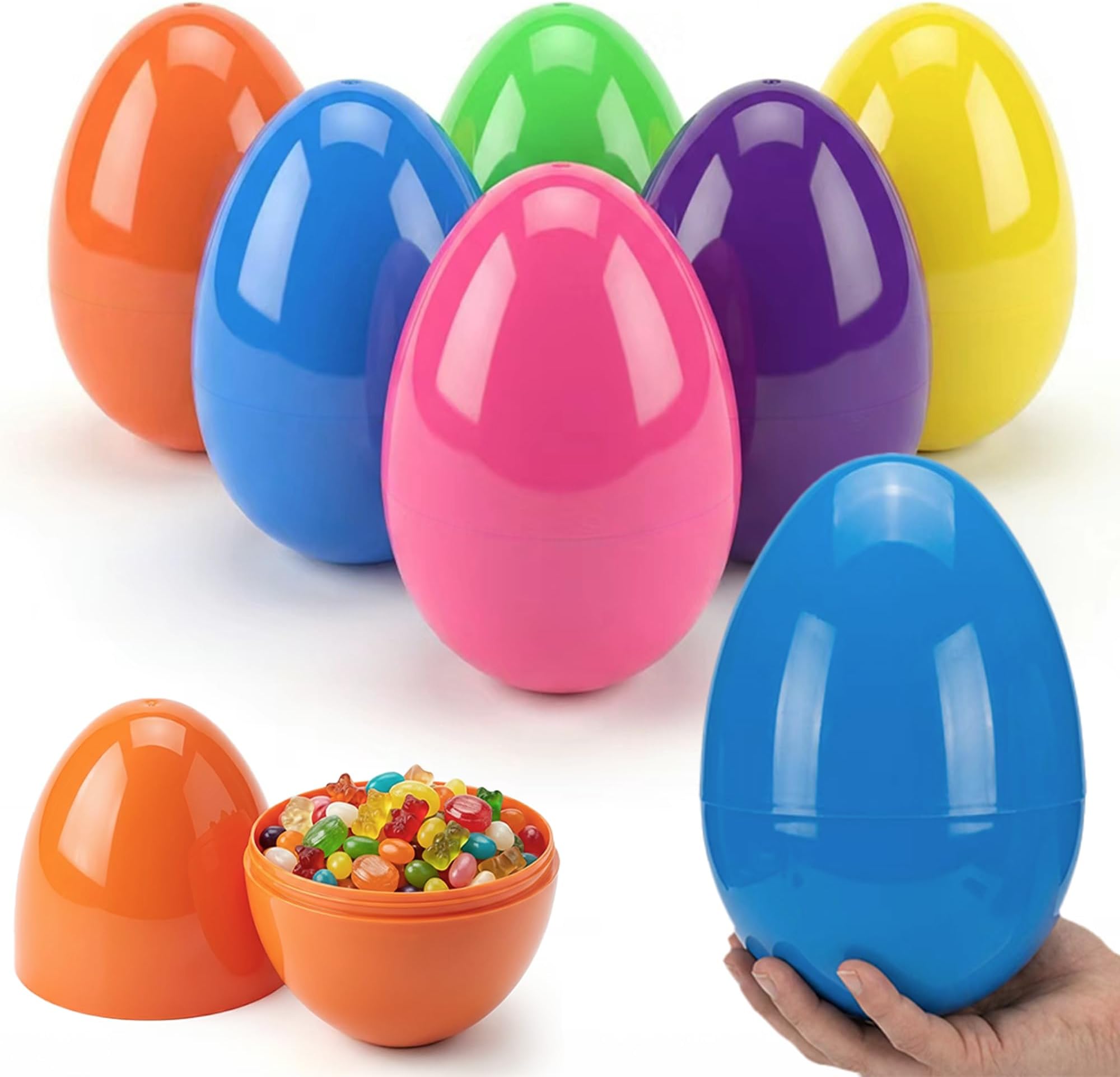 Easter Eggs Decorations Plastic Large: 7 Inch 6 Pack Jumbo Fillable Colorful Bright Easter Egg Hunt Empty Bulk Assortment