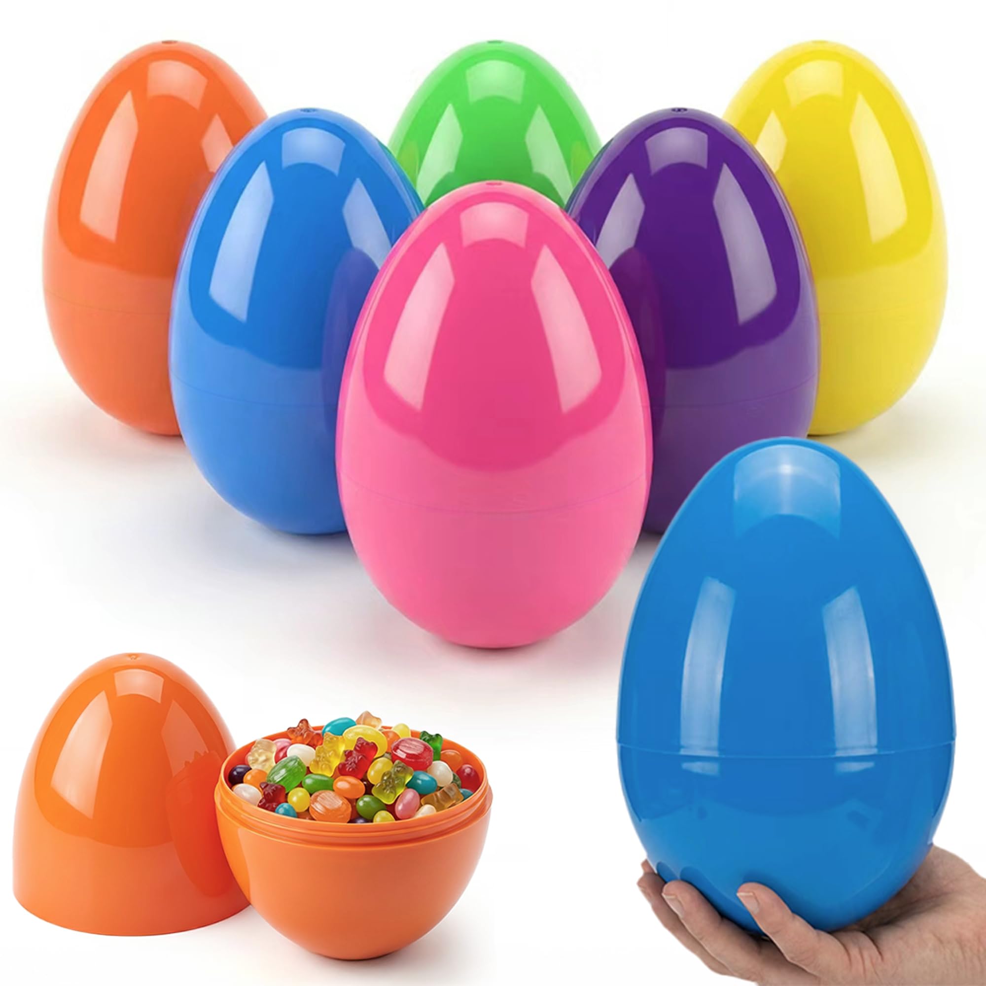 AquaHood Easter Eggs Decorations Plastic Large: 7 Inch 12 Pack Jumbo Fillable Colorful Bright Easter Egg Hunt Empty Bulk Assortment