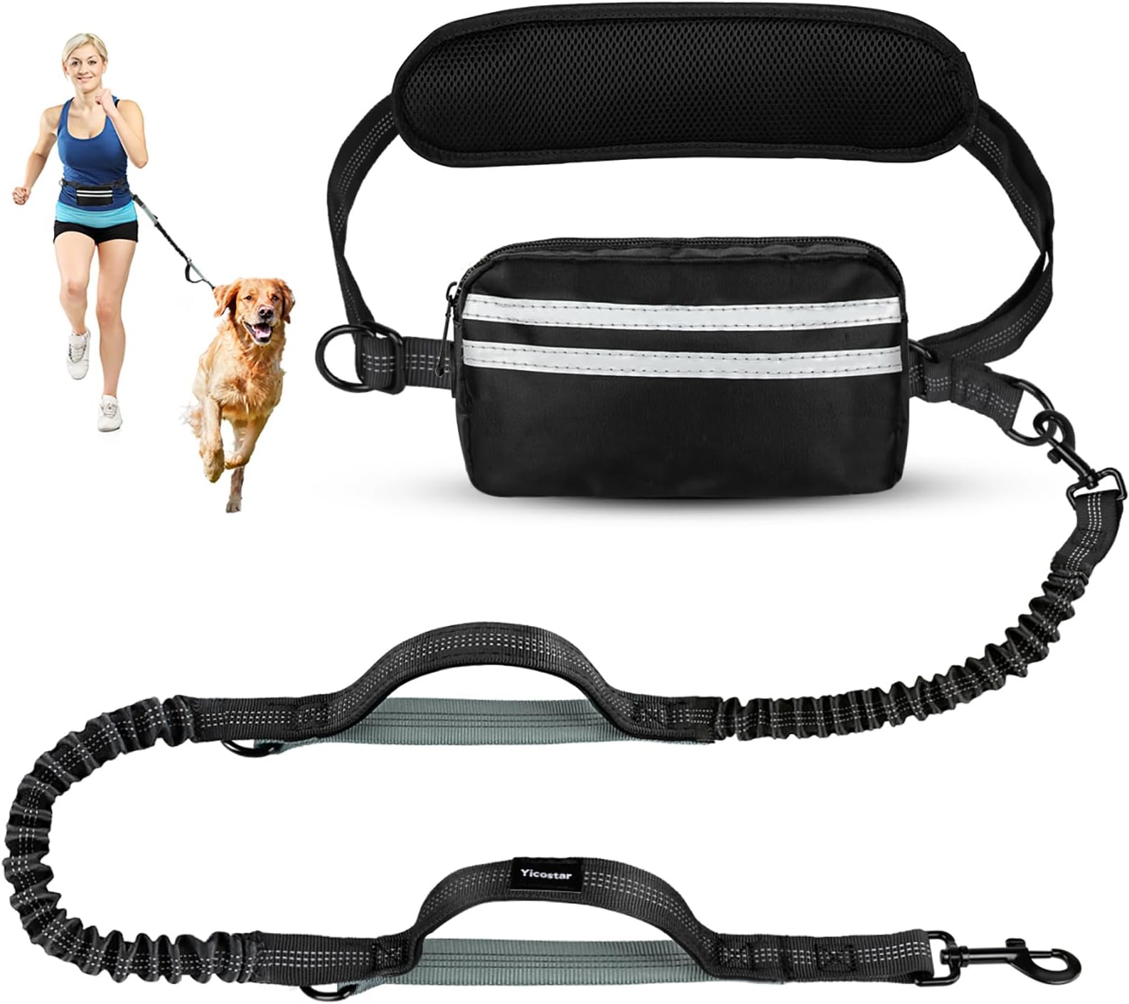 Hands Free Dog Leash with Pouch, Retractable Bungee with Double Padded Handles, Dog Leashes with Bungee for Medium & Large Puppy
