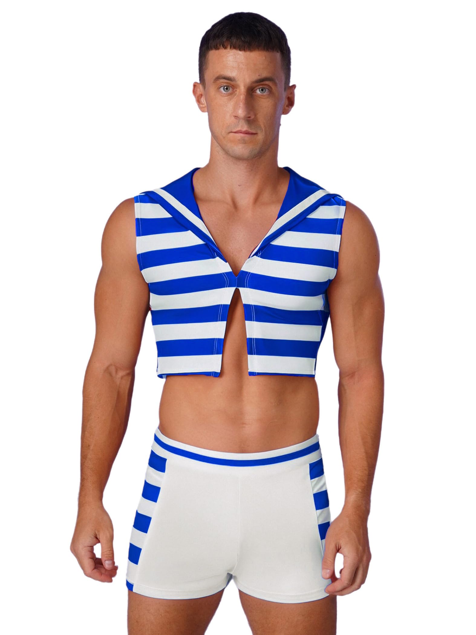 Mens Nautical Sailor Costume Striped V Neck Sleeveless Crop Tank Top Boxer Shorts 2-Piece Suit