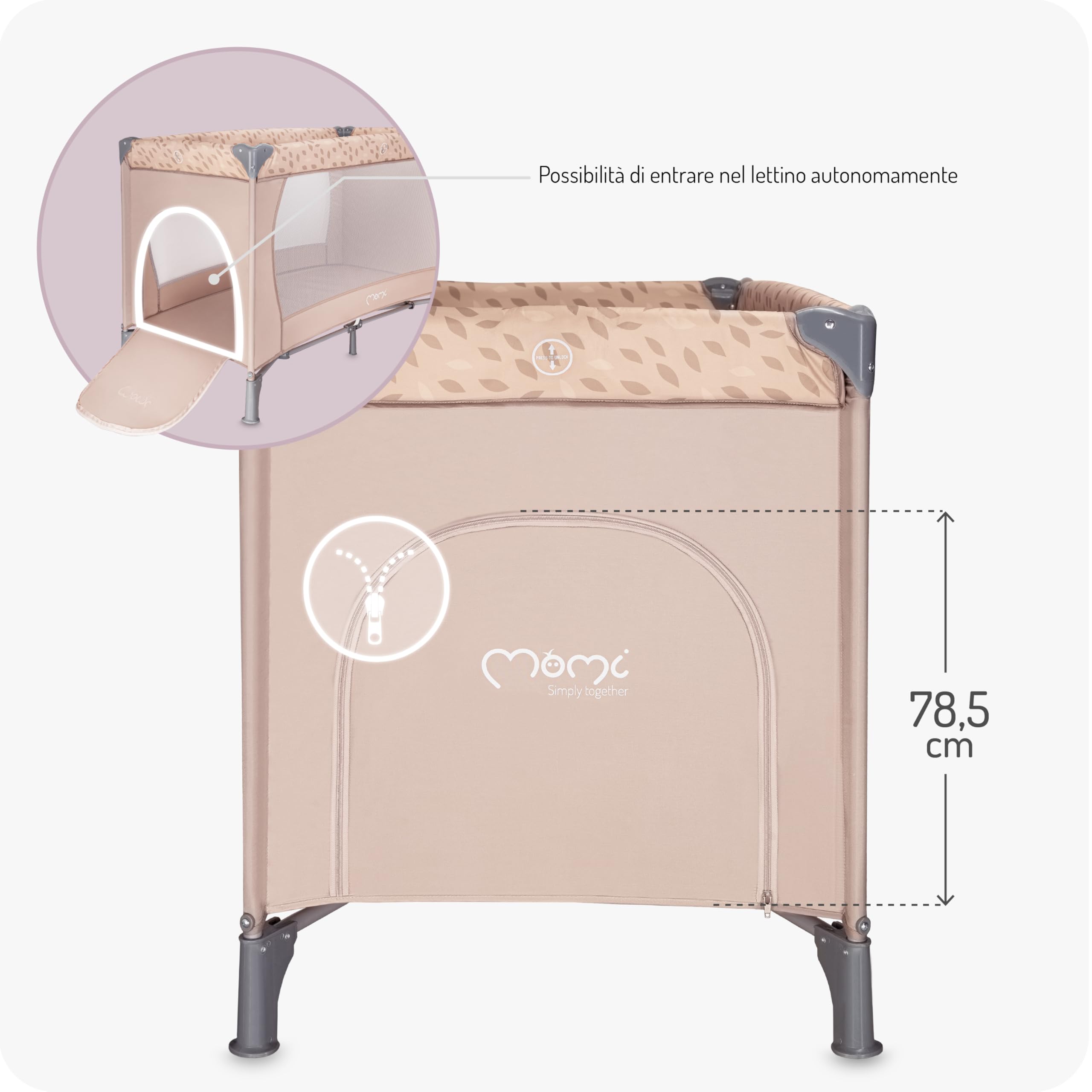 Momi BELOVE lettino da viaggio per bambini fino a 15 kg, 125x65x78 cm, pieghevole 21x23x80 cm, con materassino, 2 ruote e borsa per il trasporto
