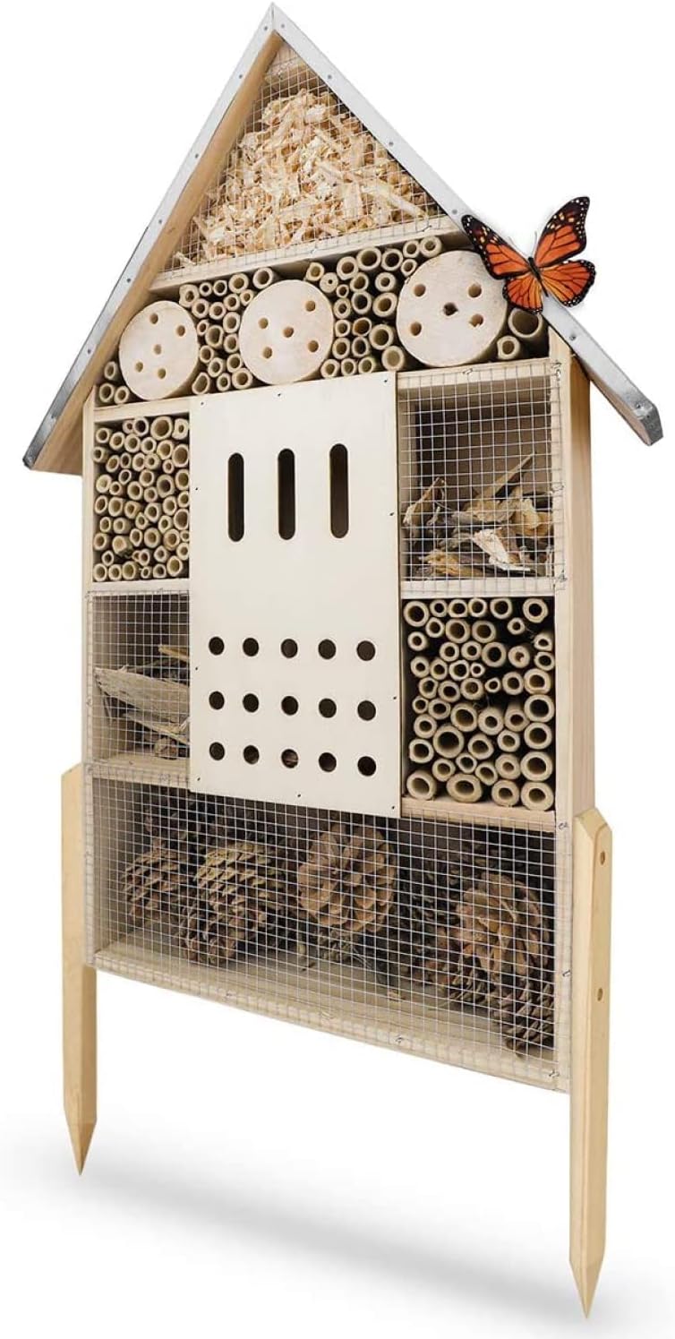 wildlife friend Insect Hotel XXL Standing - Bee Hotel with Stand 76 cm, Metal Roof - Large Wild Bee Hotel - Insect House for Bees, Ladybirds & Butterflies | Insect Hotel Construction Kit, Wood Colour