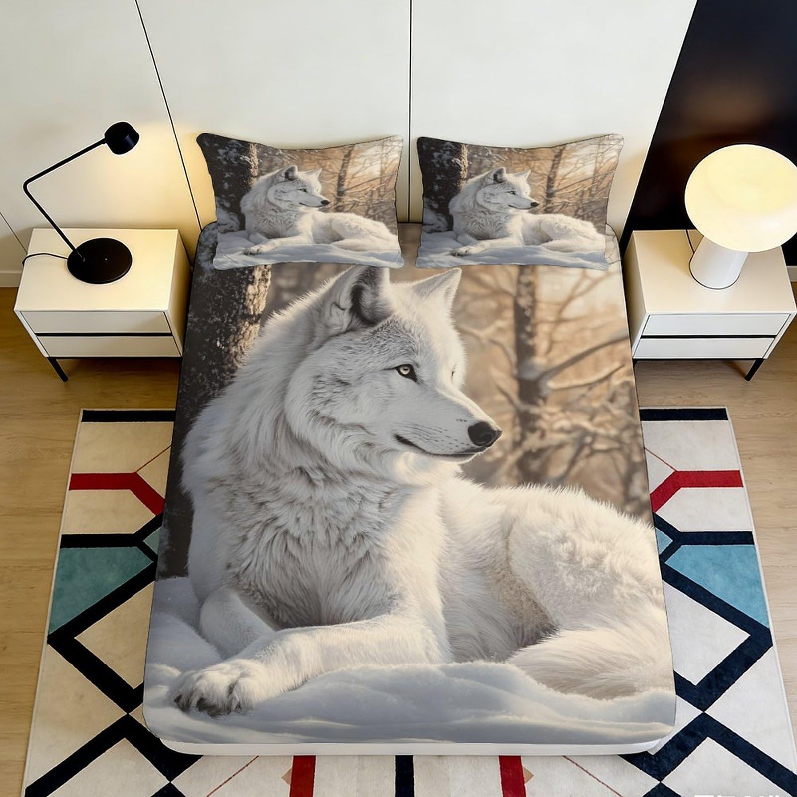 3D Printed White Wolf Snow Forest Fitted Sheet Microfiber Soft Mattress Cover Bedroom Decor for Adults Teens 180x200x25cm