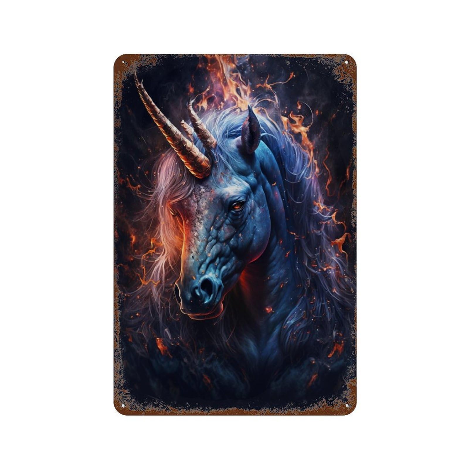 Flaming Unicorn Fantasy Art 11.8"x7.9" Distressed Metal Wall Sign, Retro Wall Decor for Garage, Bar And Workshop Decor