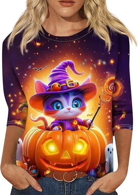 Cute Funny Halloween Shirts for Women Plus Size 3/4 Length Long Sleeve Womens Tops Witch Gothic Renaissance Shirt