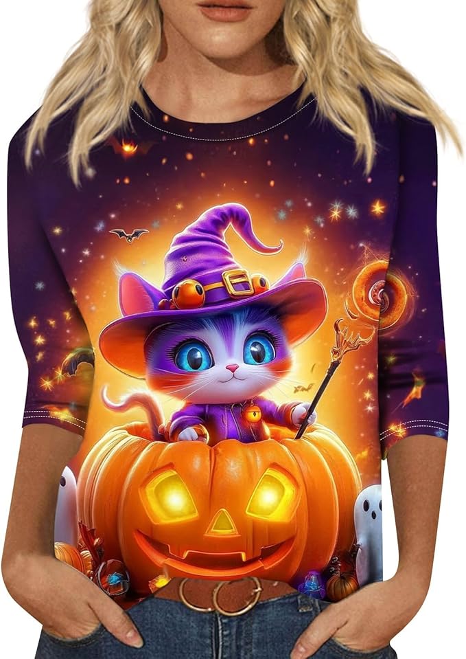 Cute Funny Halloween Shirts for Women Plus Size 3/4 Length Long Sleeve Womens Tops Witch Gothic Renaissance Shirt