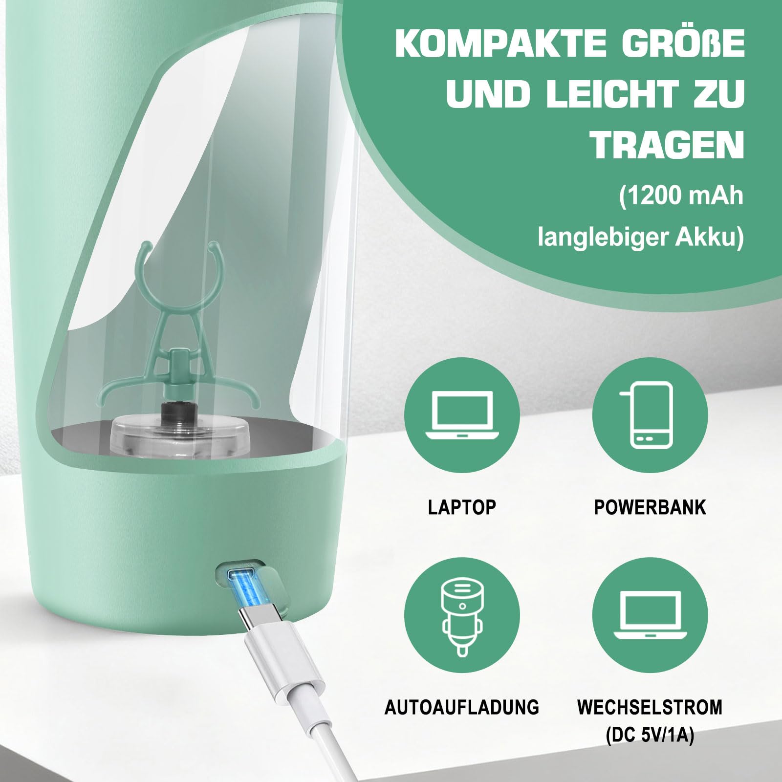 Shaker elettrico, 700ml shaker proteine elettrico con scomparto per polvere, bottiglia per shaker ricaricabile USB C, per frullati proteici, integratori e milkshake (Verde)