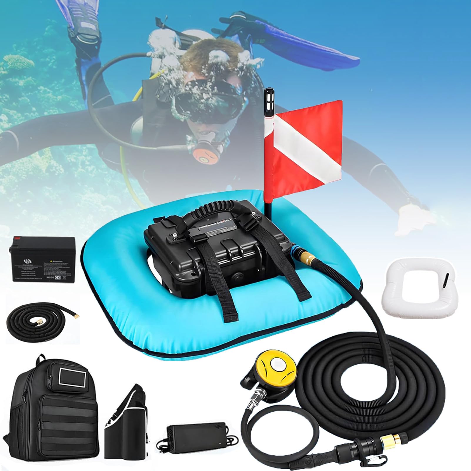 SystèMe De Ventilation pour PlongéE sous-Marine, Appareil Respiratoire sous-Marin, 52 L/Min sans Bouteille D'OxygèNe, Autonomie De 50 à 70 Minutes, Compresseur d'air éTanche Blue-2Battery