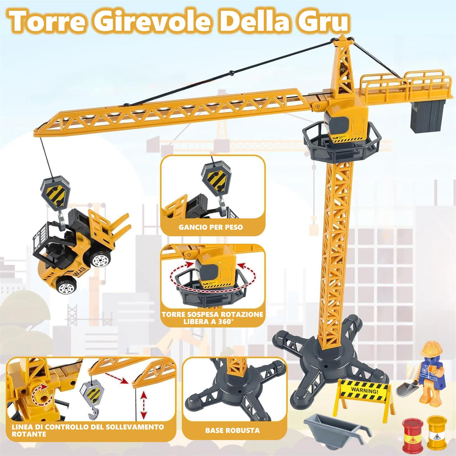 Camion da Cantiere Giocattolo per Bambini con Escavatore Costruzione Torre Gru Effetti di Musica Luce Camion Betoniera Veicoli da Cantiere