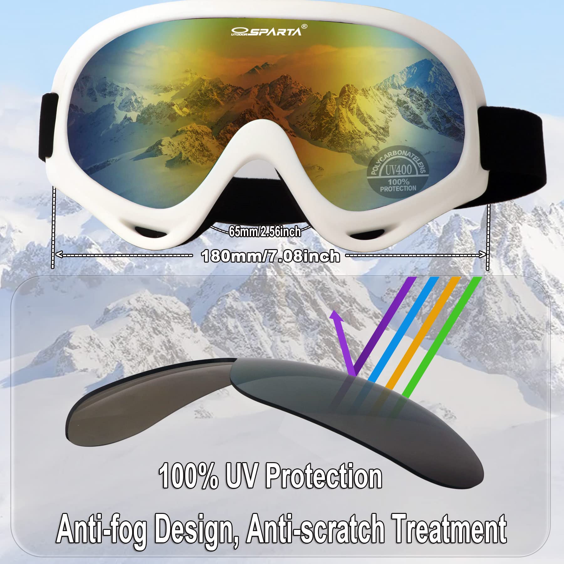 OUTDOORSPARTA 2-Pack Ski Goggles (6. White Frame, Mirrored Gold Lens; Pink Frame, Multiple Color Lens) - Image 4