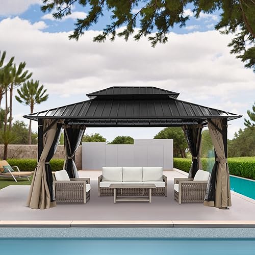 Cenador de techo rígido de 12 x 16 pies, kiosco de patio al aire libre, marco de aluminio con malla y cortina, pérgola de patio al aire libre con