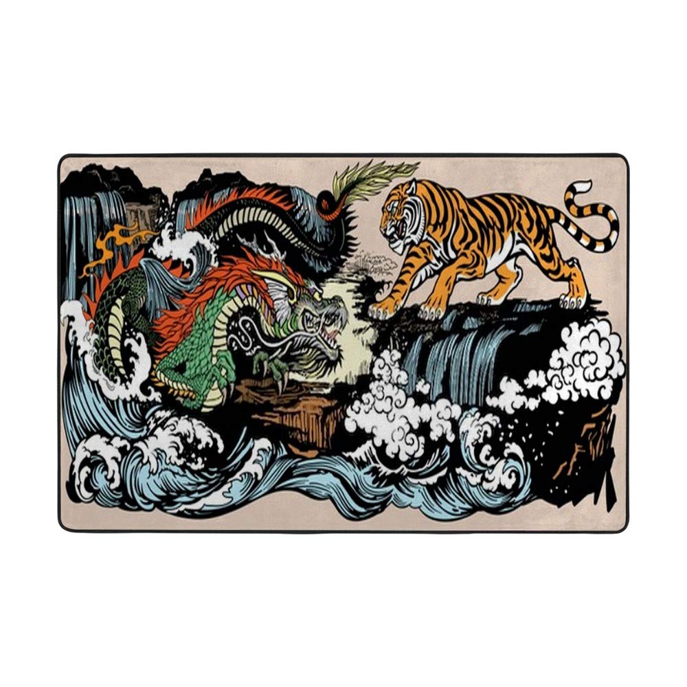 Tapis vert design chinois tigre oriental pour grand salon en polyester
