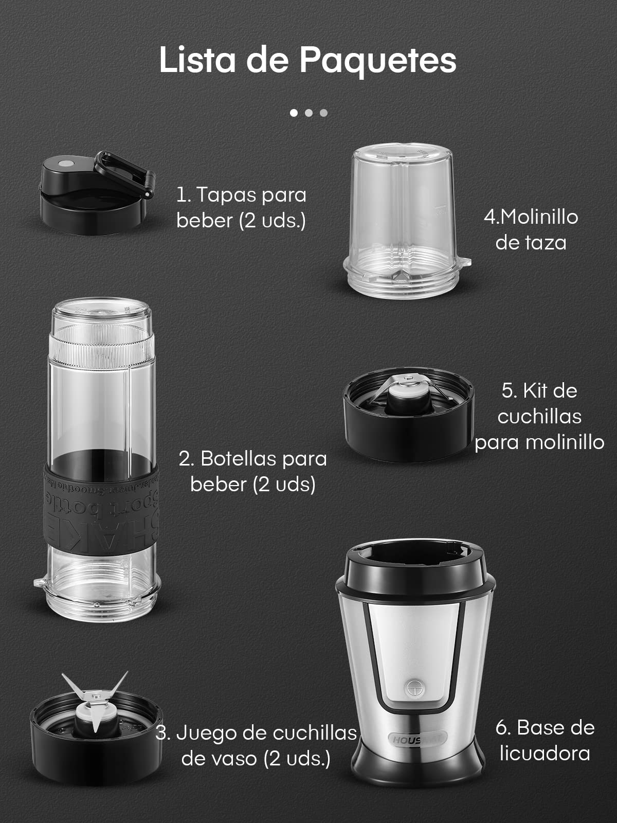 HOUSNAT Batidora de Vaso Individual 3 en 1, Mini Batidora Smoothie Maker con Molinillo de Café 280ml y 2 Portátil Botellas Deportivas 570ml, Acero Inoxidable, Apta para Lavavajillas, 500W
