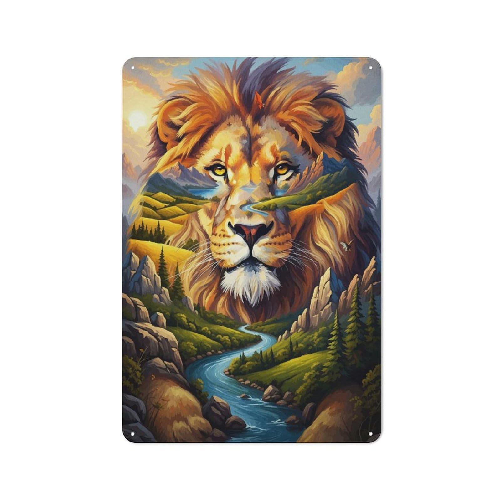 Junmoney Lion Landscape Animal 30X20cm Rustic Metal Sign With For Home Office Or Studio, Gift For Studio Owners During The Christmas Season