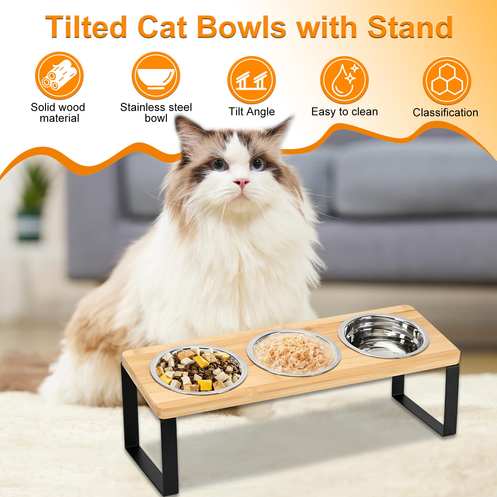 Lot de 3 gamelles surélevées en acier inoxydable avec support, inclinées à 15° – Station d'alimentation surélevée pour chats et petits chiens, anti-vomissements, base en bambou, facile à nettoyer
