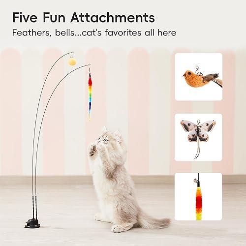 Miniatura 5 de Potaroma Juguete interactivo de varita para gatos con ventosa, doble varita para gatos de interior con 5 accesorios de bolas de plumas, base de
