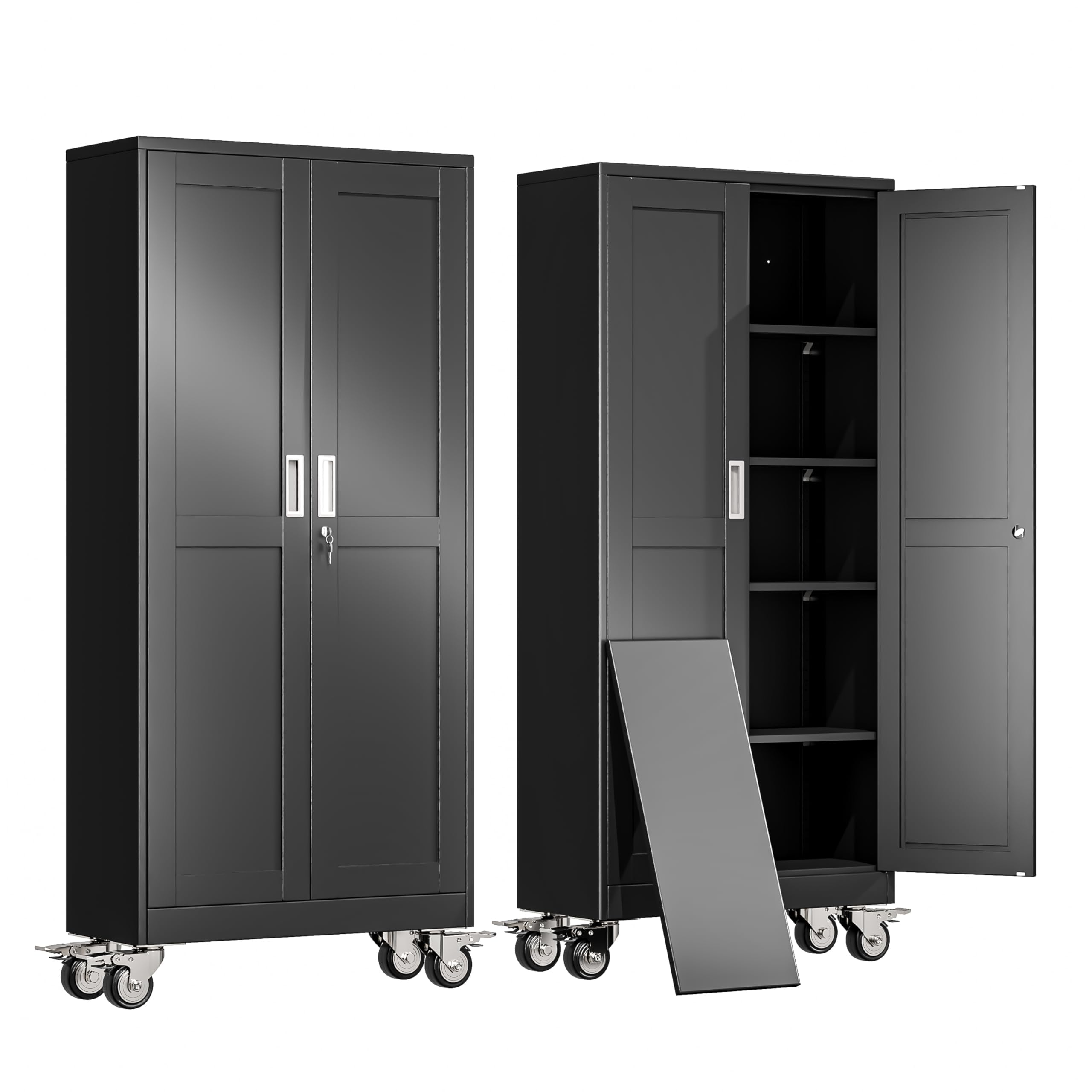 erosoei 71" H Metal Garage Storage Cabinet, Rolling Tool Cabinet with 2 Doors and Wheels, Locker Steel Cabinet with 4 Adjustable Shelves, Organization Cabinet for Garage,Office,Home,Gym,School（Black）