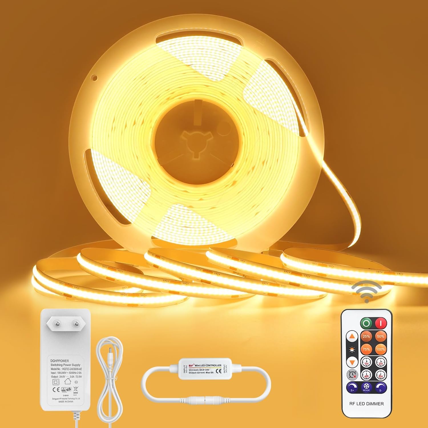 COB LED Streifen 10M, LED Strip Warmweiss Dimmbar 24V, Lichtleiste led selbstklebend Wasserdicht IP44, Lichtband mit Netzteil und Fernbedienung für Unterbau TV Küche Wohnzimmer DIY LED Band 10M 3000K