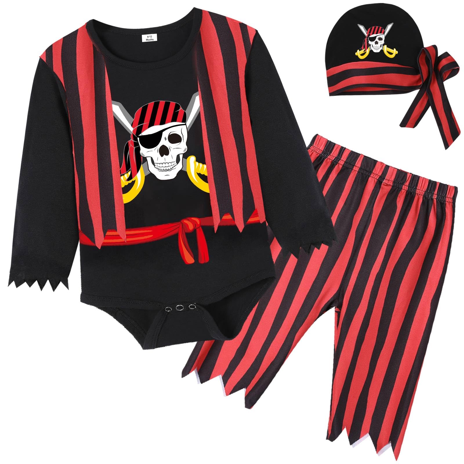 Pezhiqun Baby Pirate Costume Outfit Infant Boy Halloween Costume Newborn Sea Buccaneer Role Play Dress Up Set Gift, Long Sleeve, 18-24 Months