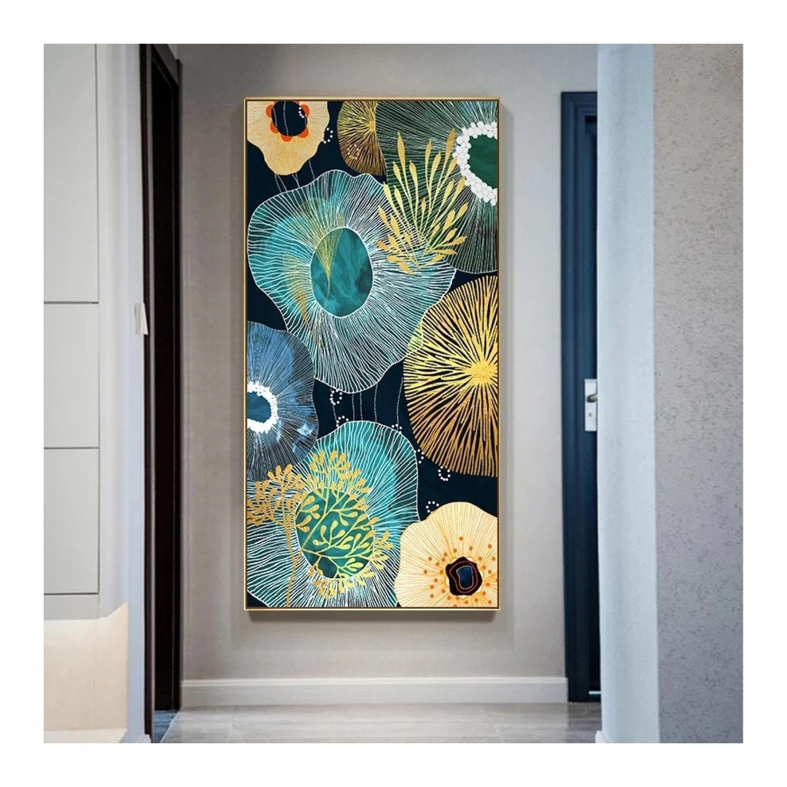 JGGXHM Nuevos anillos anuales dorados chinos pintura en lienzo flores verdes carteles e impresiones artísticos de pared para la decoración del hogar- (65x130cm) marco interno de 26x51 pulgadas