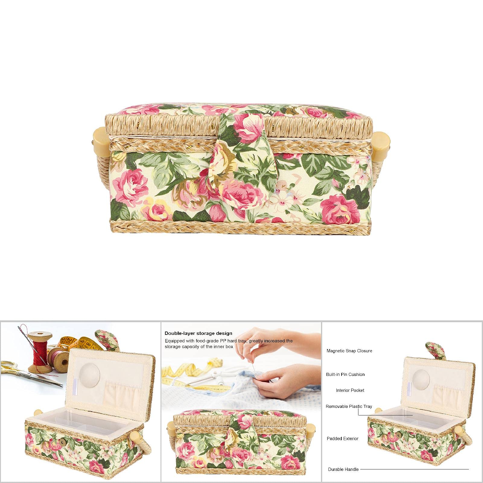 Cestino Da Cucito In Tessuto Con Maniglia - Portaoggetti Elegante | Doppio Strato | Rosa Pastorale