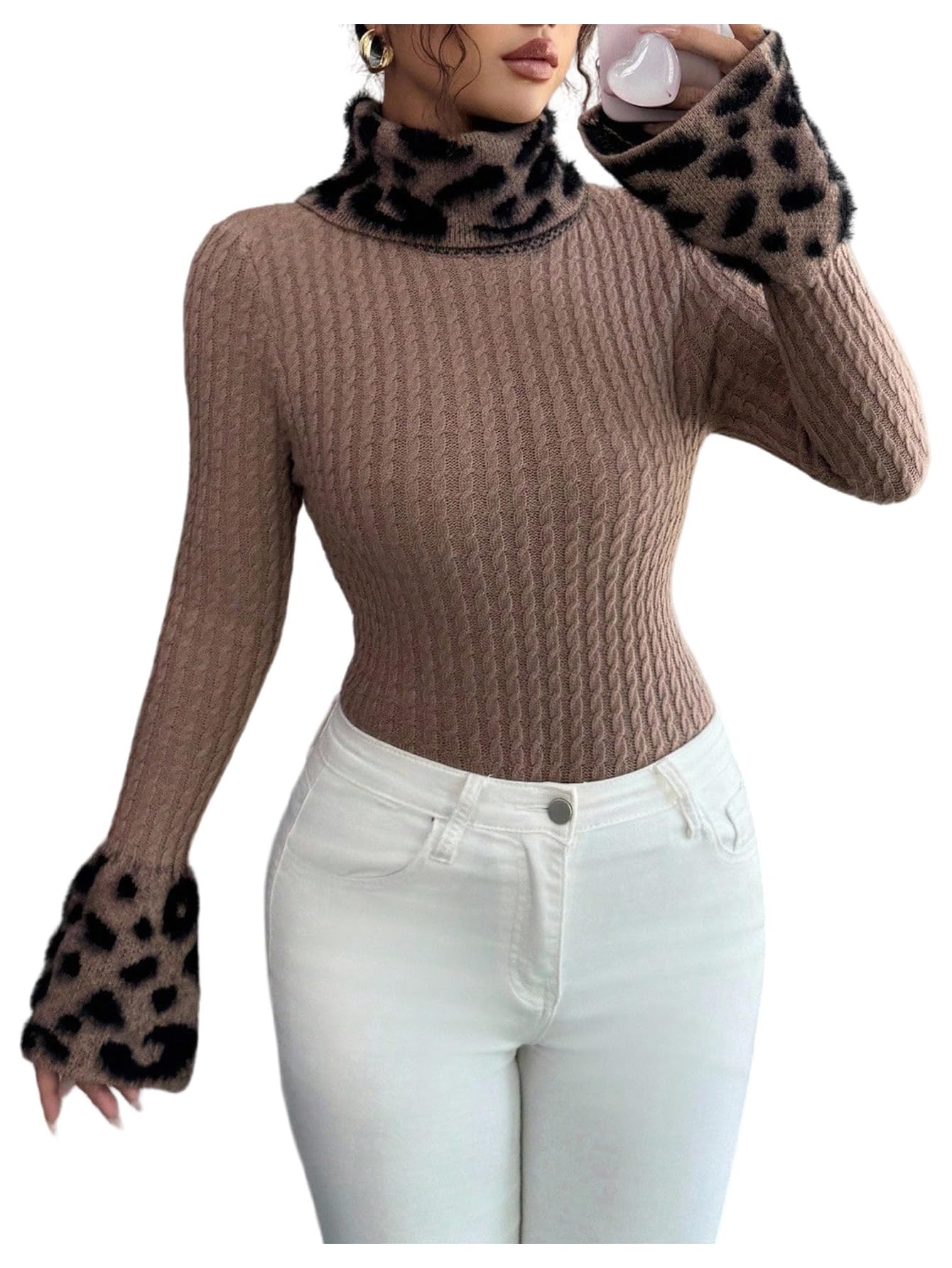 MakeMeChic Womens Y2K Winter Cheetah Print Fuzzy Sweater Long Sleeve High Neck Knitted Pullovers