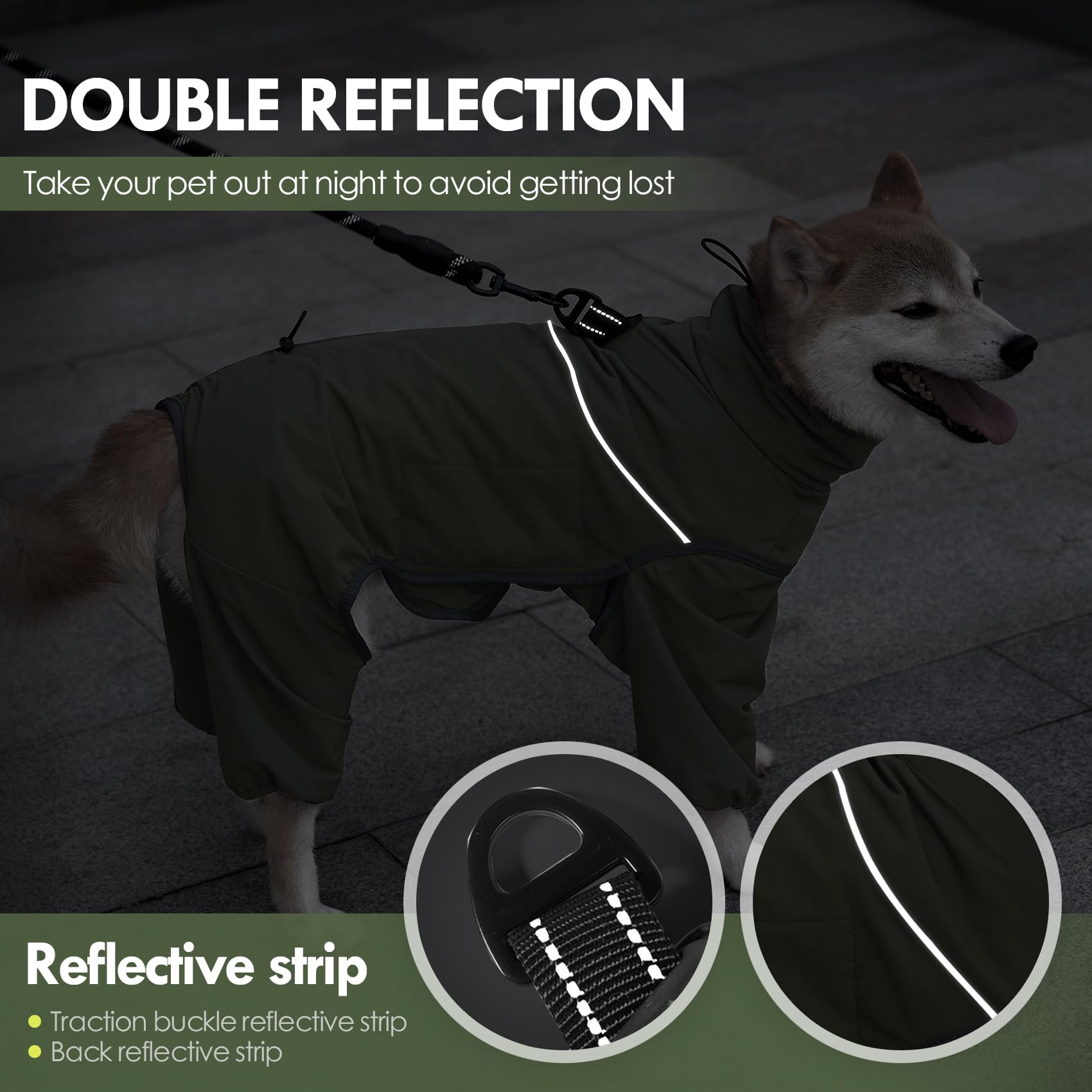 Cappotto riscaldato per cani a quattro zampe, impermeabile, regolabile, con collo alto a ritrazione, abbigliamento invernale per cani di taglia piccola, media e grande (verde, 3XL)