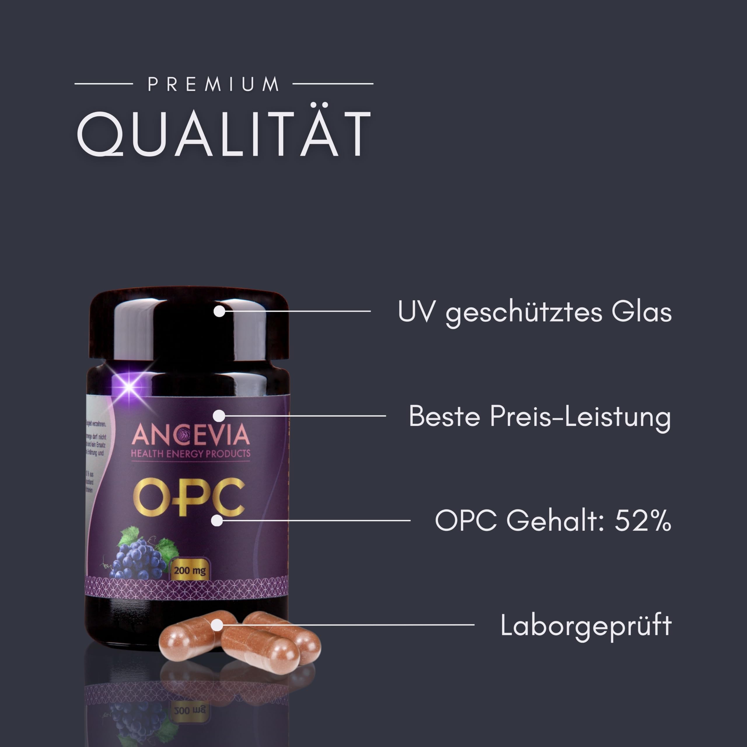 ANCEVIA OPC Traubenkernextrakt – Nahrungsergänzungsmittel – 180 Kapseln (3 x 60) – 200 mg OPC je Kapsel – vegan