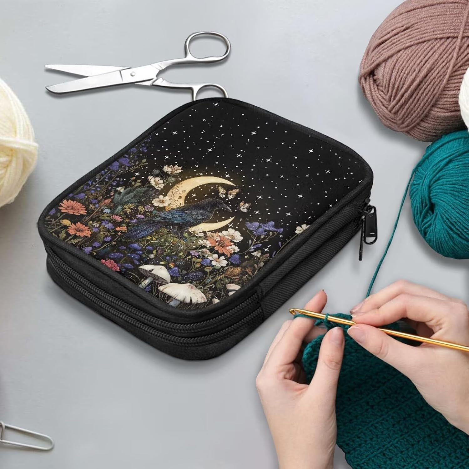 Xsehusvy Raven Moon Portable Crochet Hook Case with Zipper Lightweight Travel Storage Bag with Web Pockets Various Crochet Hook and Crochet Accessories Organizer Bags Easy to Carry