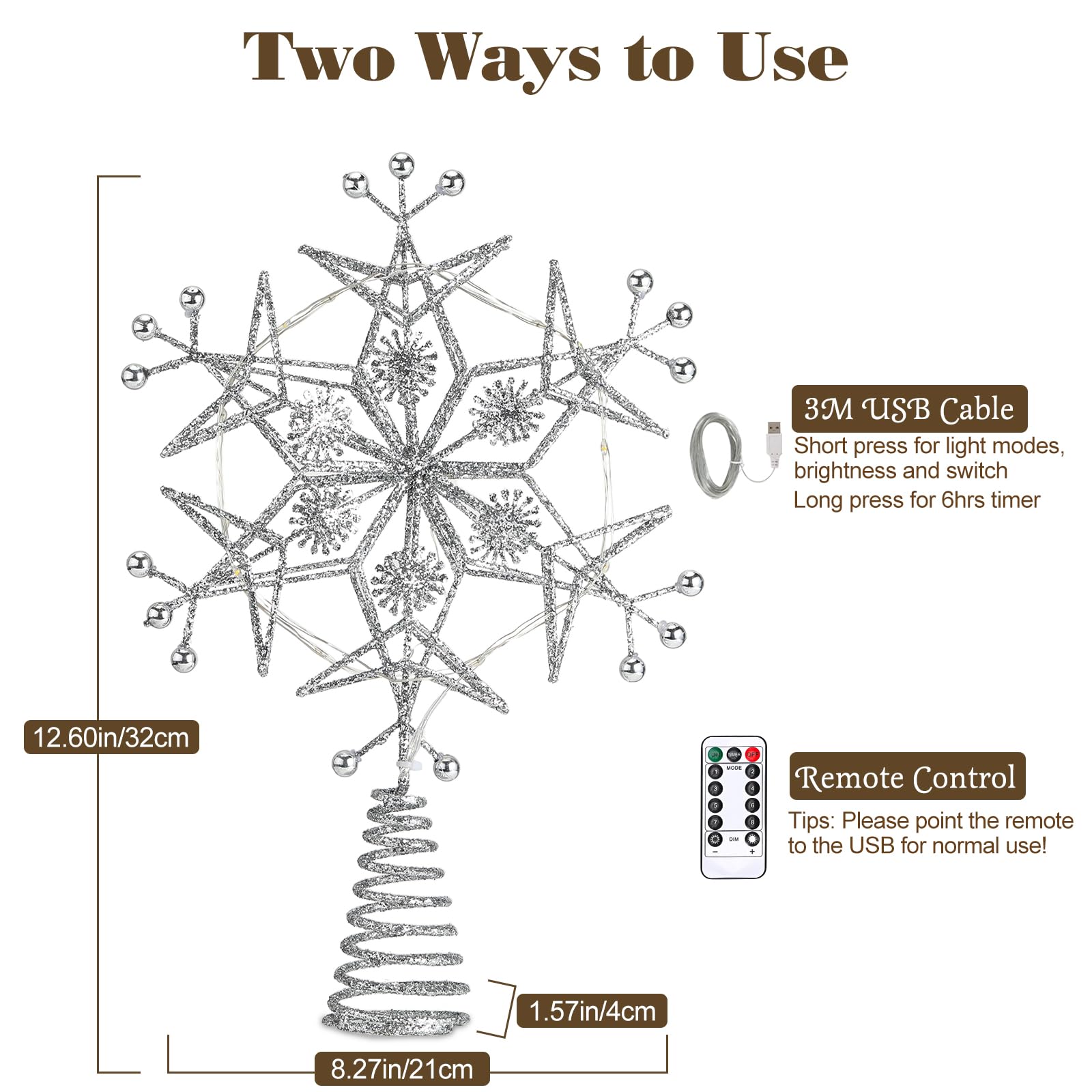 Lewondr Christmas Tree Topper, Metal Frame Snowflake Christmas Tree Topper with 15 Light Beads - Image 4