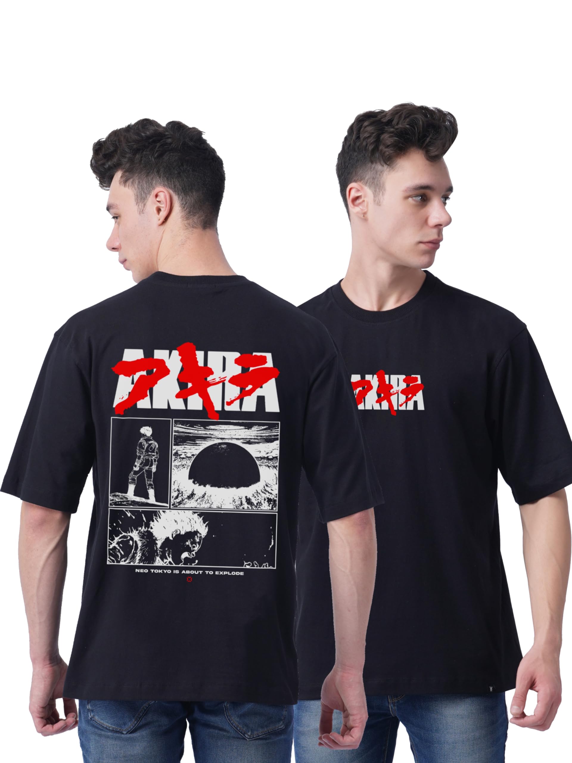 T-StoreMen's Oversized Anime Akira Graphic Printed 100% Cotton Drop Shoulder T-Shirt for Men & Boys | Round Neck | Half Sleeves Tees