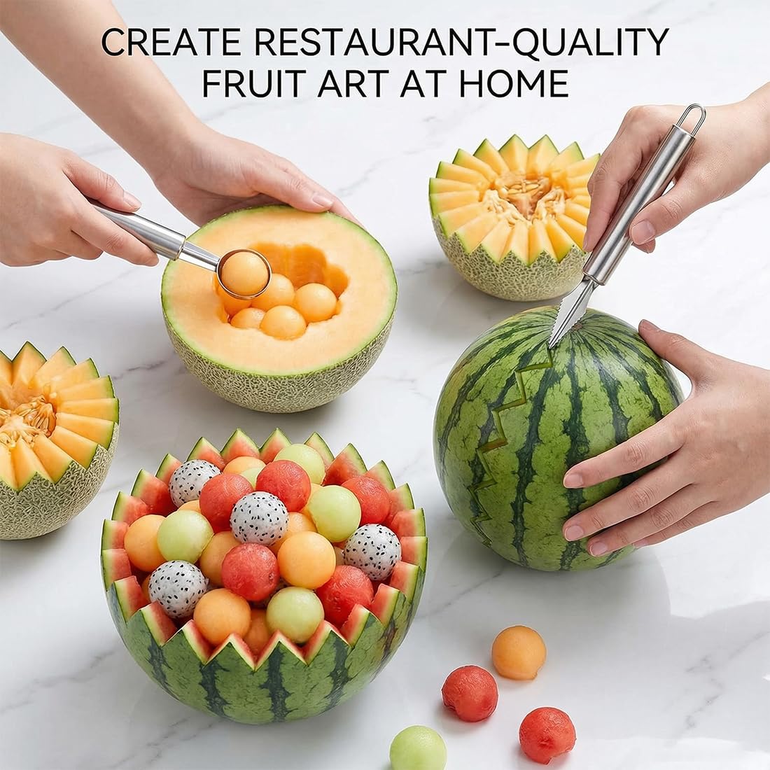Set 4 en 1 Cuillère Parisienne à Melon Vide Pomme Denoyauteur Couteau Sculpteur Fruits Ustensile de Cuisine en Acier Inoxydable pour Faire des Billes