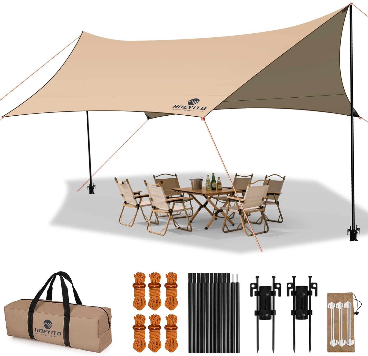 Camping Tarp with Poles & Retainer,15×12.5FT Large Waterproof 210D Oxford Cloth Camping Canopy, Anti-UV UPF100+ Tent Tarp Car Awning for Outdoor, Picnic, Hammock, Car, Backpacking (Khaki)