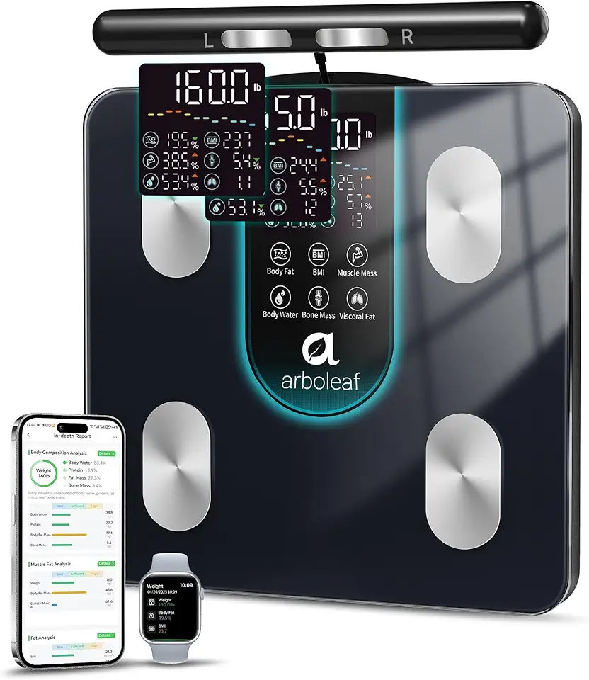 arboleaf Balança Digital Corporal com Bioimpedância, Balança Bioimpedancia Inteligente, Balanca Digital de Chao, Balança de Banheiro com BIA de Dupla Frequência e 8 Eletrodos, Fitness, Bluetooth,Preto