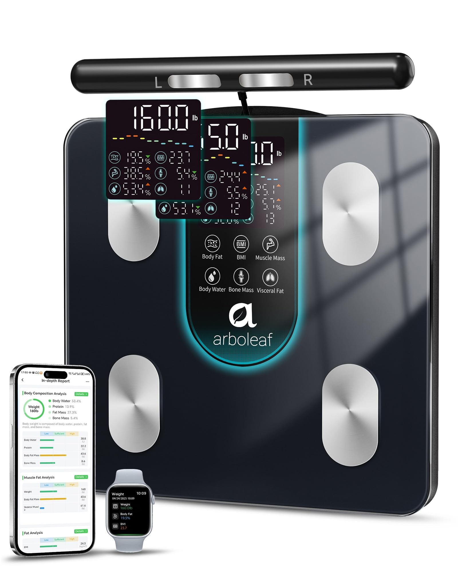 arboleaf Smart Scale for Body Weight, 8-Electrode Dual-Frequency BIA Bathroom Scale with 7-in-1 Display for BMI Body Fat Muscle Mass, Segmental Full Body Composition Analyzer, 50+ Metrics in App Black 12.2" x 12.2"