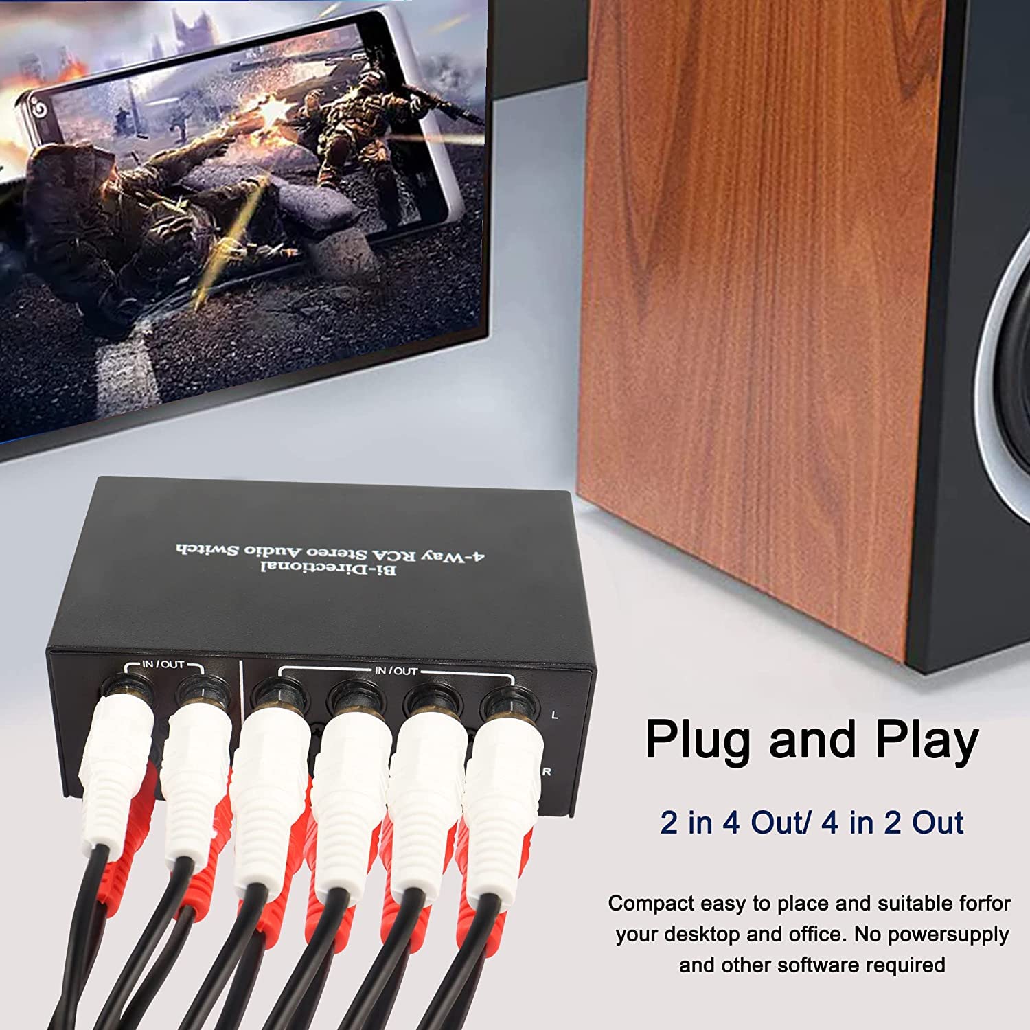 XMSJSIY Commutateur Audio stéréo RCA bidirectionnel à 4 Voies, 2 entrées 4 Sorties ou 4 entrées 2 Sorties, commutateur Audio RCA L/R Canal répartiteur Audio boîte de Commutation (RCA 2 x 4/4 x 2)
