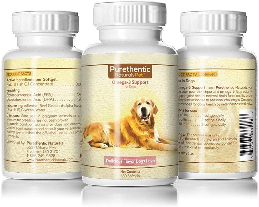 Purethentic Naturals Omega 3 for Dogs, Fish Oil for Dogs 180 Softgels Pure & Natural Fatty Acids. (High EPA and DHA) (Helps Dog Allergies & Brain Function) Made in USA (3 Bottles - Save 15%)