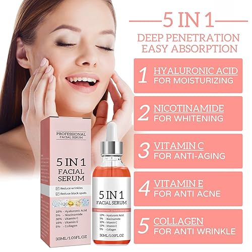 Miniatura 2 de Suero facial con vitamina C, suero antienvejecimiento 5 en 1 con vitamina C, vitamina E, ácido hialurónico, colágeno y nicotinamida, suero de